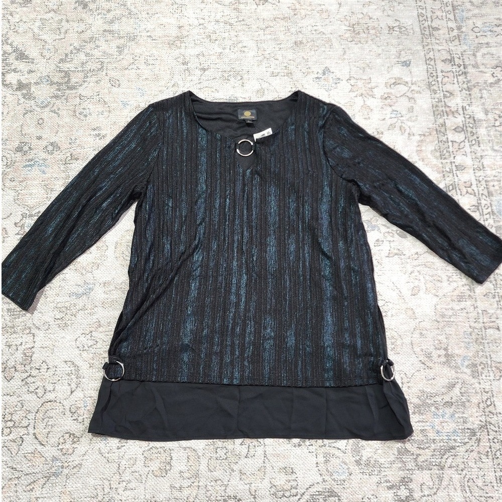 Style & Co Top Black Blue Metallic 3/4 Sleeves Keyhole Layered Medium